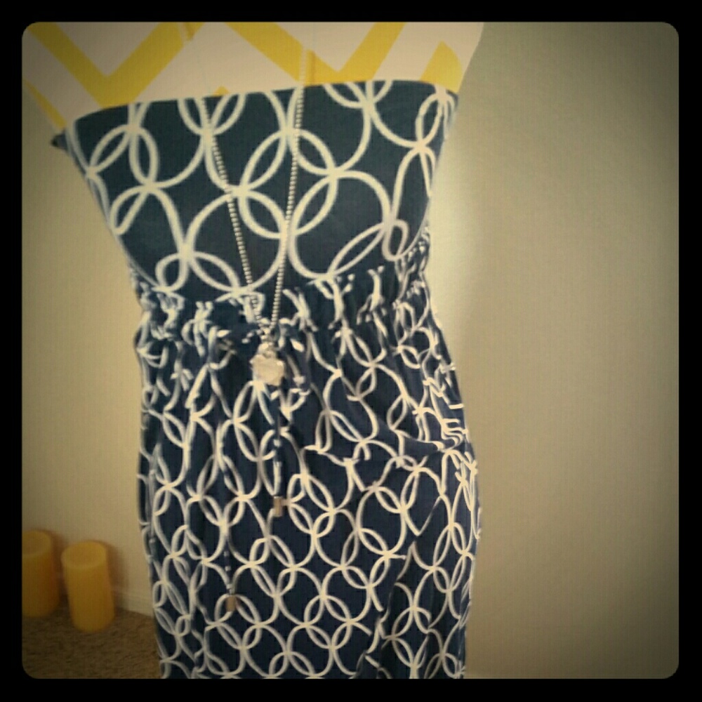 Tart Strapless Navy and White Geometric Maxi Dress